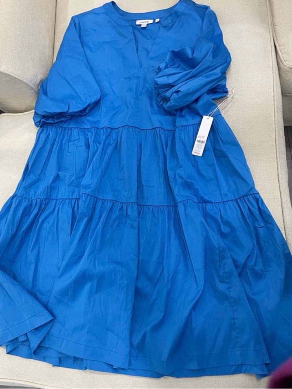 Chico's Poolside Blue Tiered Poplin Puff-Sleeve Dress Size 2 (M/L) NWT
